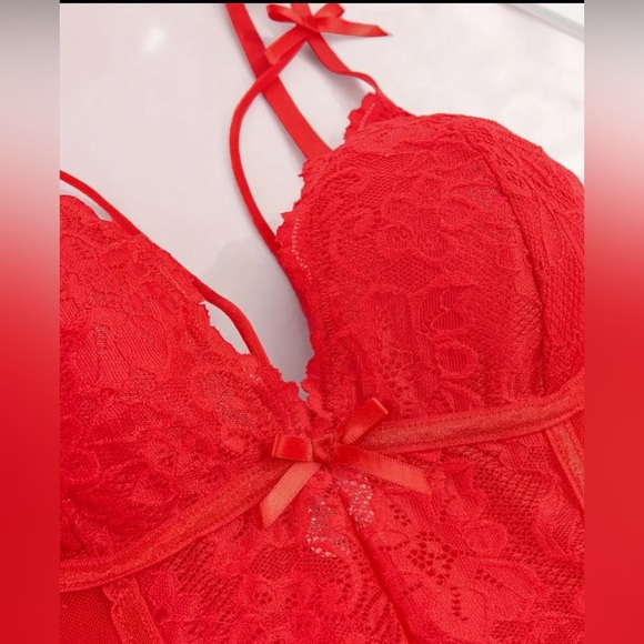 Lace, Red, V-Neck, Teddy, Lingerie, Thong Bodysuit, Valentine’s Day - Picture 4 of 4